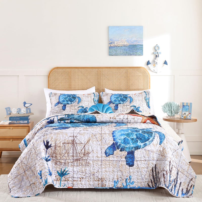weigelia Coastal Quilts Bedding Set Queen Size - Summer Vintage Sea Turtles Nautical Bedding Quilt with Pillow Cases, Beach Reversible Quilt Set Bedspreads Coverlet Soft Lightweight Comforter - Image 1